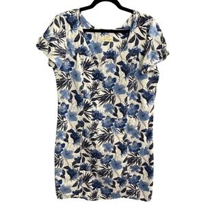Beh Floral Mini Shift Dress XL White Blue Cotton Cap Sleeve Casual Work Bohemian